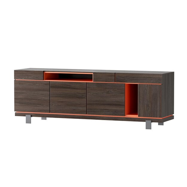 A brown and orange entertainment center with a black and orange drawer The center is made of wood and has a modern design
