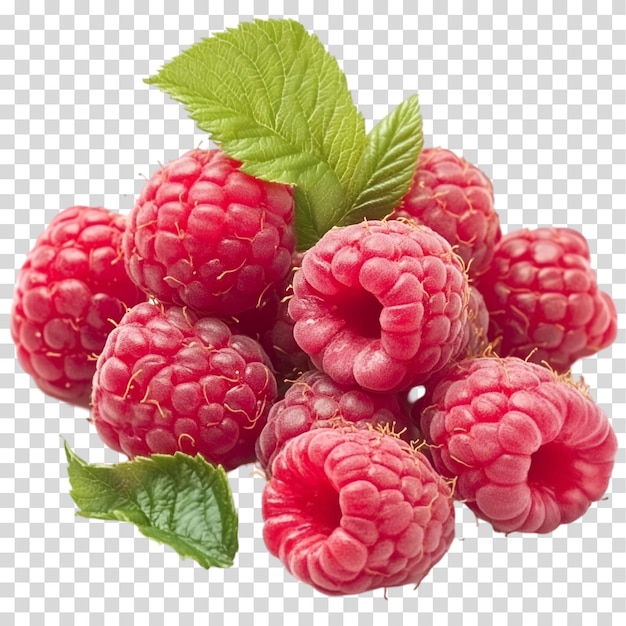 a bunch of raspberries with a green leaf isolated on transparent background png cutout