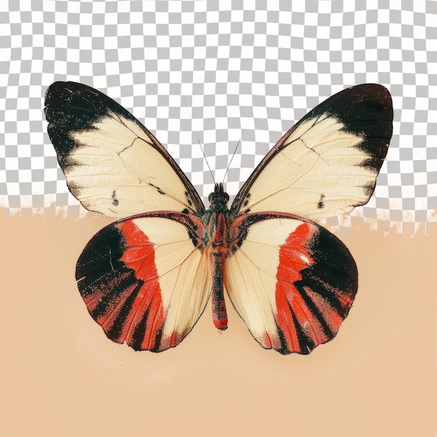 PSD 빨간색과 검은색 줄무를 가진 나비가 체크 된 표면에 있습니다.