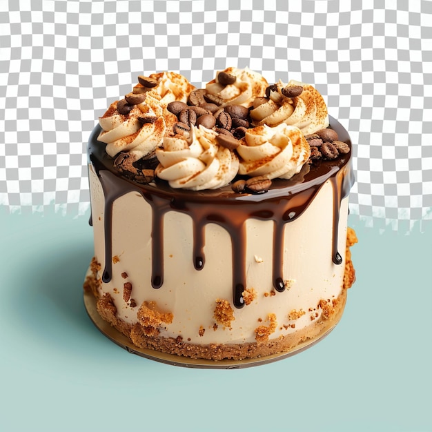 PSD a cake with chocolate syrup and a chocolate drizzle on the top