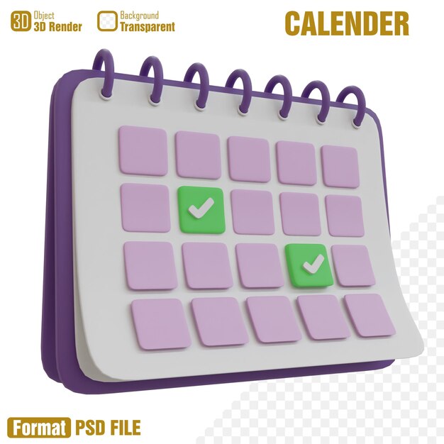 PSD Календарь с зелеными галочками.
