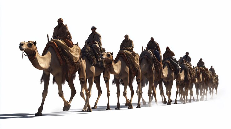 PSD a caravan of camels and people traveling across a desert