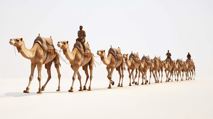 PSD a caravan of camels moving across a white desert landscape with people riding them