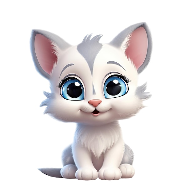 PSD Мультяшный кот с голубыми глазами сидит на белом фоне.