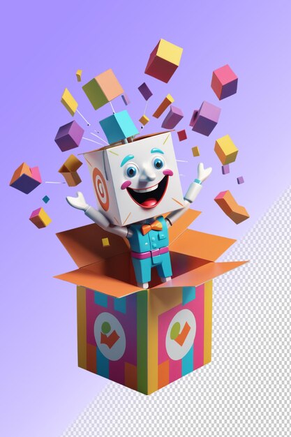 PSD Персонаж мультфильма выпрыгивает из коробки с большим количеством конфетов