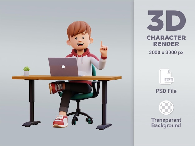 A cartoon character with a laptop in front of him.