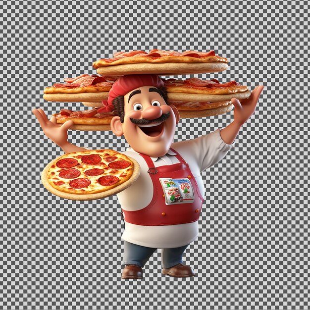 PSD Мультфильмный персонаж с пиццей на голове, держащий стопку пиццы