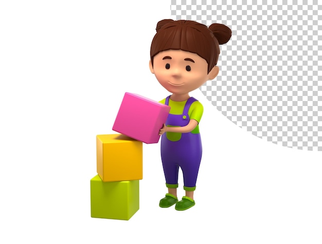 PSD Мультяшный ребенок, играющий с блоками и коробкой 3d визуализирует иллюстрацию блоков abc