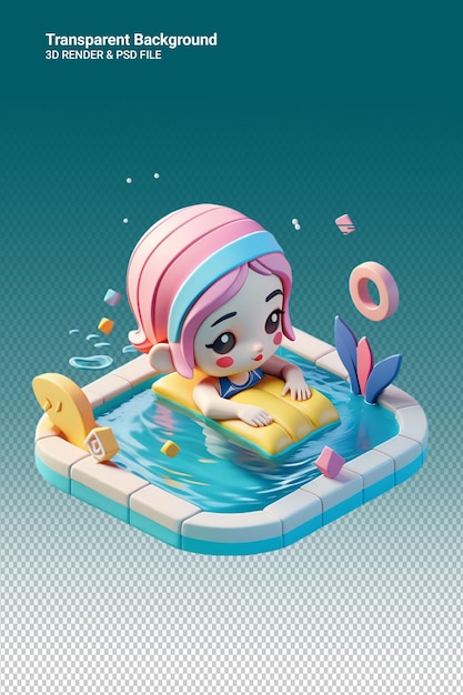 PSD Девушка из мультфильма в бассейне с игрушкой в воде