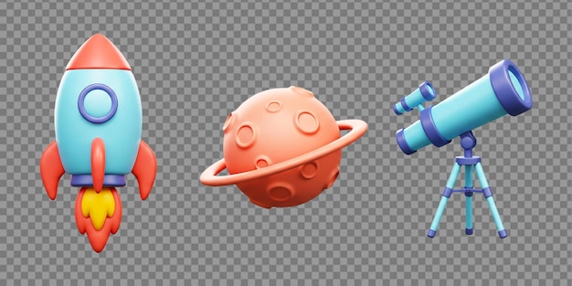 A cartoon rocket planet and telescope on a transparent background in a row