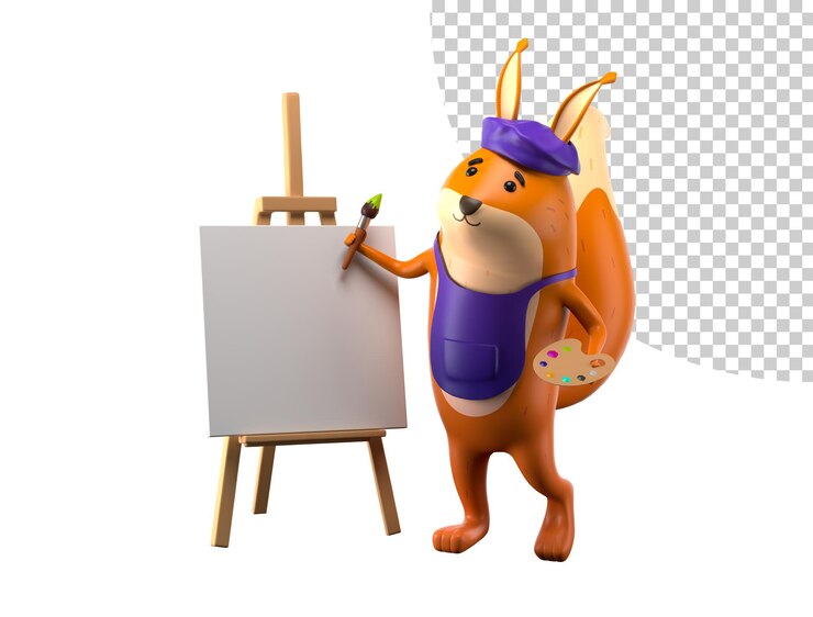 PSD a cartoon squirrel painting on a canvas 3d render illustration