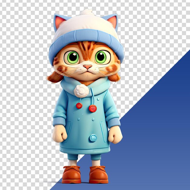 PSD a cat in a blue coat and hat stands on a platform