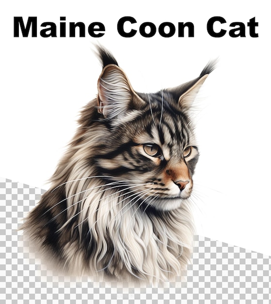 PSD Кошка с длинными волосами и длинным хвостом со словами «мейн кун кошка» на белом фоне