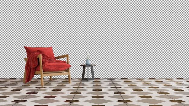 a chair and a vase on a tiled floor
