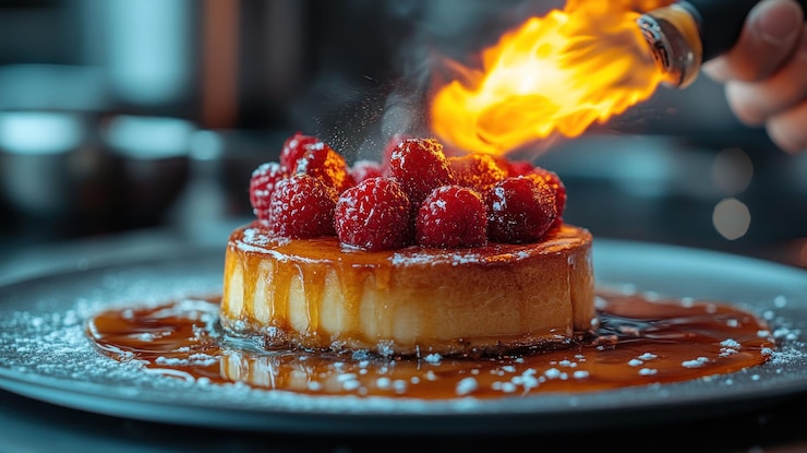 PSD a chef torches a dessert with fresh raspberries and a caramel sauce