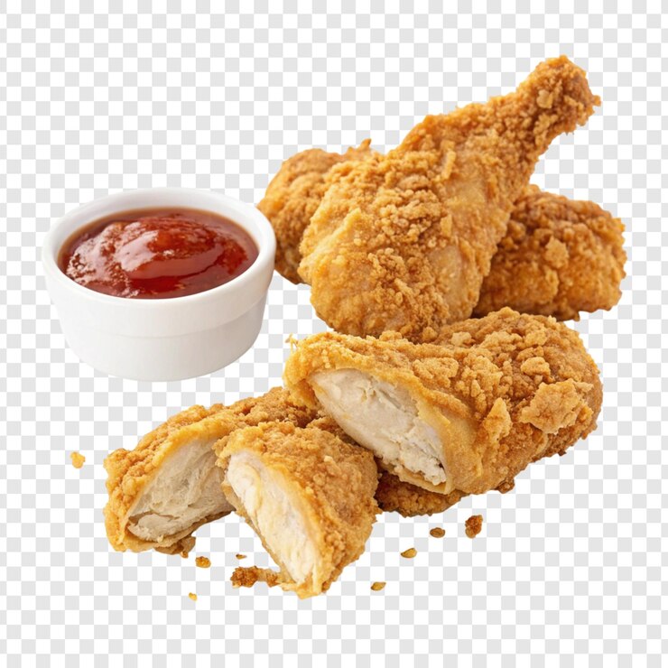 A chicken and chicken dish with a side of ketchup