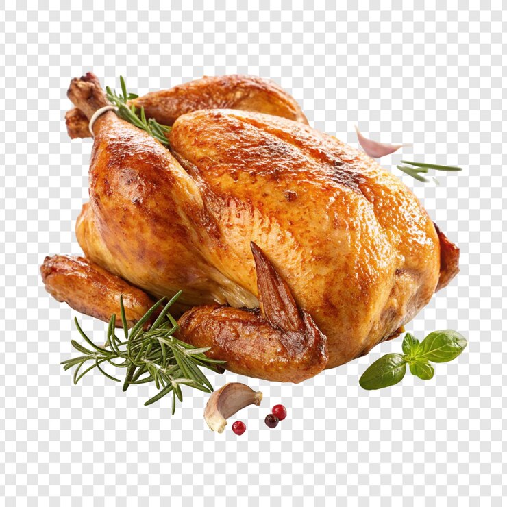A chicken with a bunch of spices and a bottle of wine