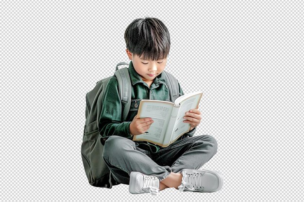 PSD 透明な背景に隔離されて本を読んでいる子供