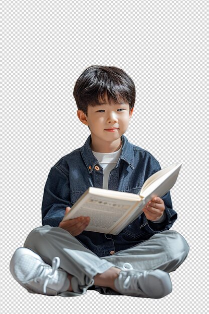 PSD a child reading book isolated on transparent background