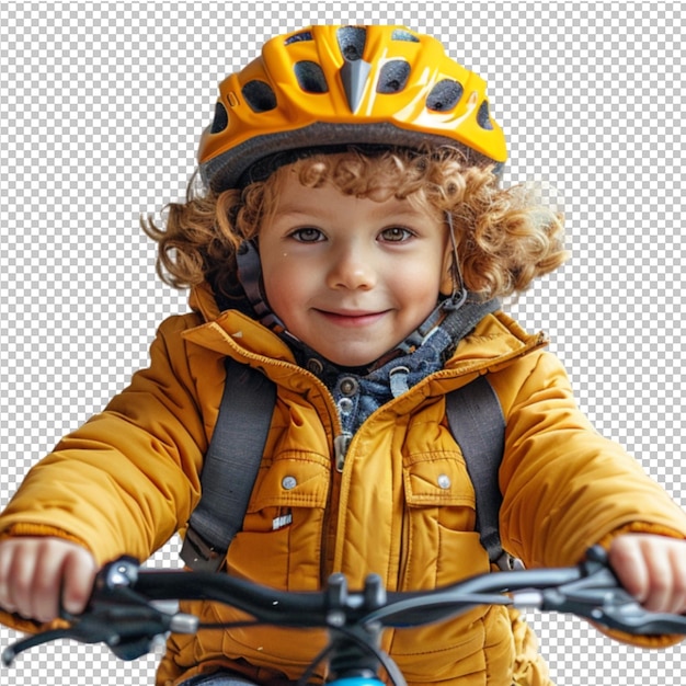 PSD a child wearing a yellow jacket with a yellow helmet on