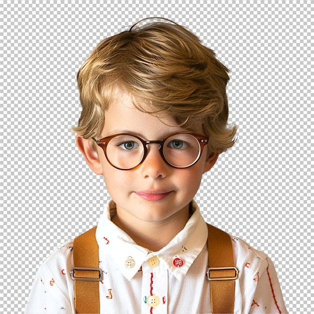 PSD Ребенок в очках и рубашке с рубашкой, на которой написано слово 