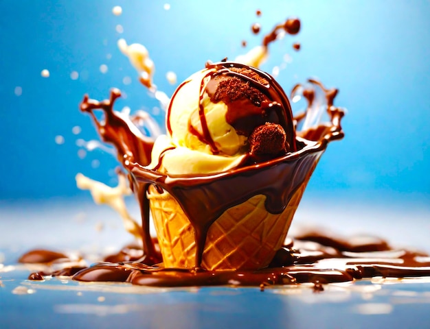 チョコレートとバニラのアイスクリームコーンとチョコレスソースを頂上に