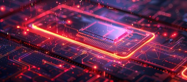 a close up of a computer chip with glowing red circuits
