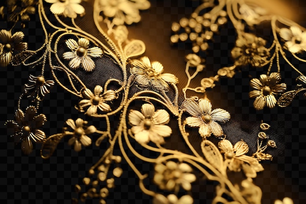花と葉をつけた金色と黒の織物のクローズアップ