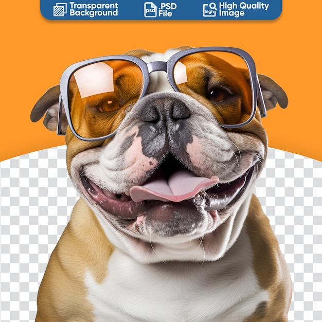 PSD 太陽眼鏡をかけた幸せな英語のブルドッグのクローズアップ夏のビーチに準備した美しい犬