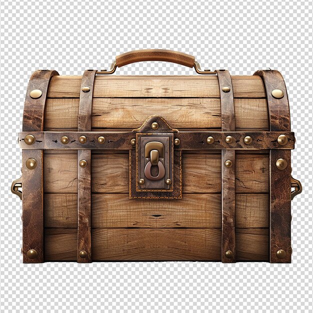 PSD a closed wooden chest with a brown leather handle isolated on transparent background