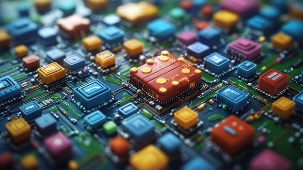 A closeup of a circuit board with colorful chips representing the complexity of modern technology