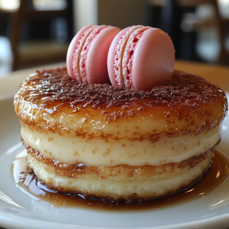 PSD a closeup of a delicious dessert with a creamy custard base topped with caramelized sugar sprinkled with cocoa powder and two pink macarons