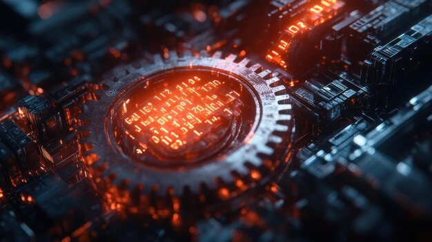 A closeup of a glowing gear with binary code on a circuit board