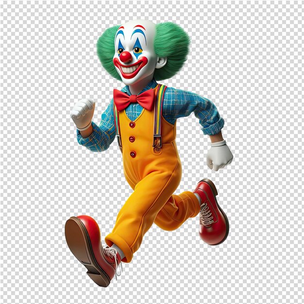 PSD a clown with a blue shirt and red shoes is jumping in the air