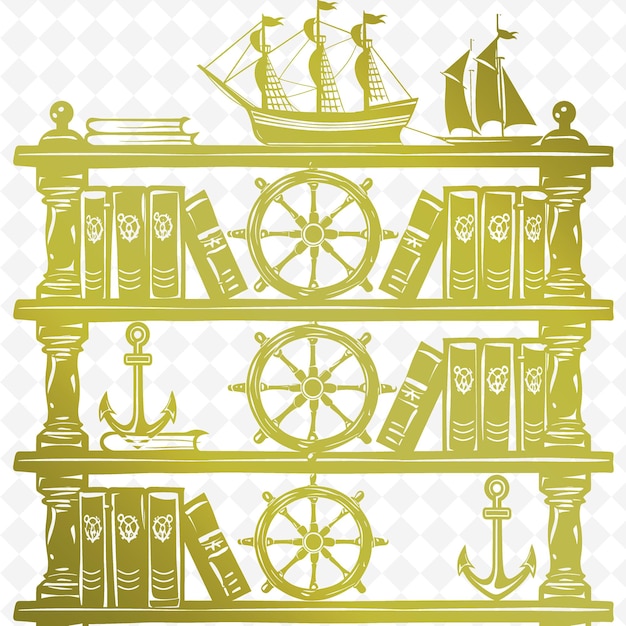 Коллекция книг на полке с кораблем и кораблем на вершине