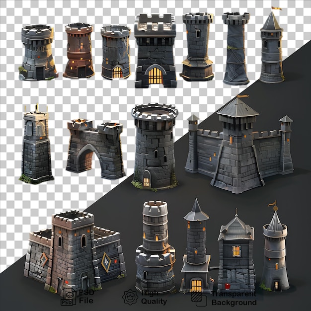 PSD Коллекция моделей замка с зданием на заднем плане
