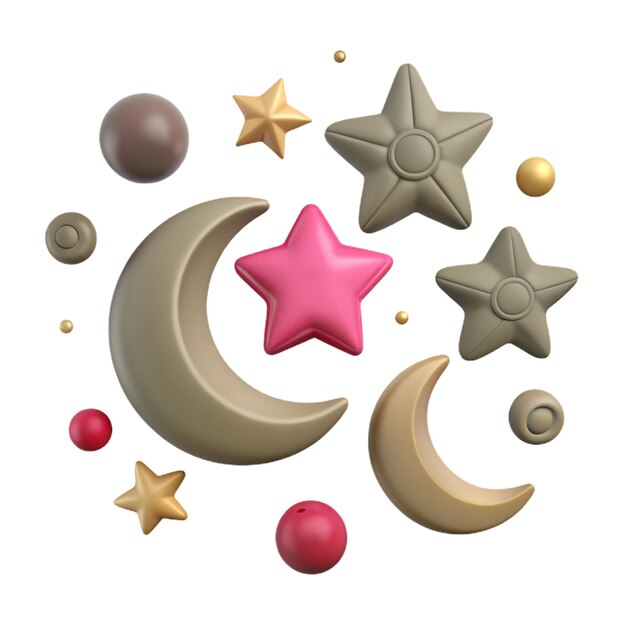 a collection of various objects including a crescent and moon
