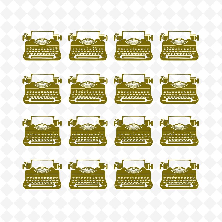 PSD a collection of vintage typewriters with a gold ribbon on the top