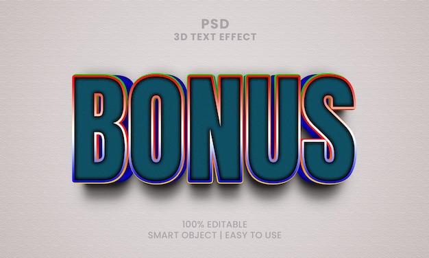 PSD 青と赤のボーナスという単語を含むカラフルな 3d テキスト効果。