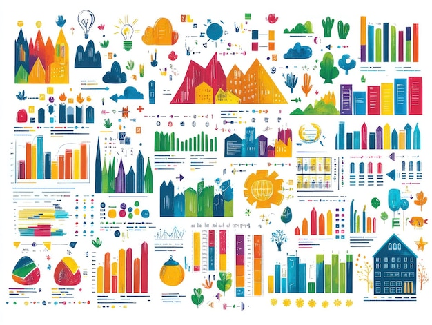 A colorful and diverse set of handdrawn infographic elements for presentations reports and design projects