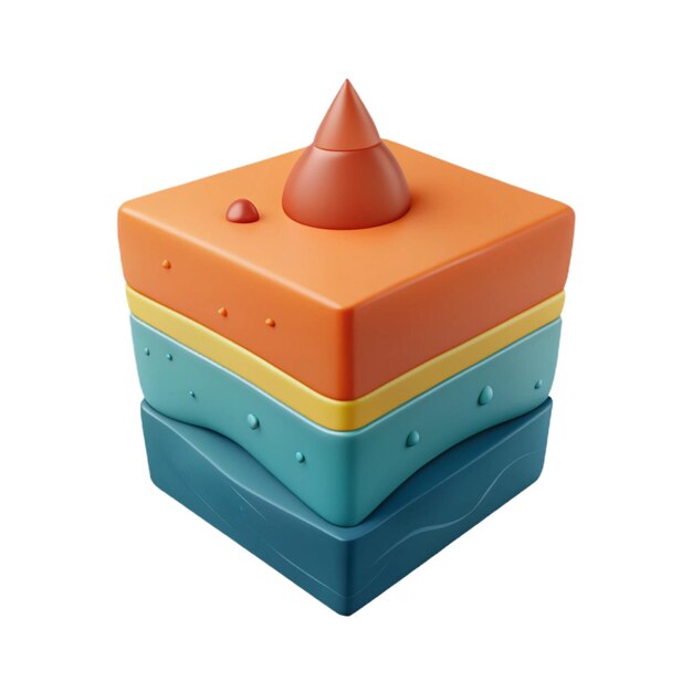 a colorful cube with a red cone on top of it