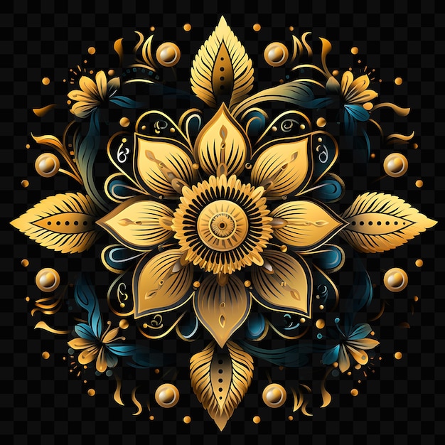 PSD 黒い背景の金色の花の色鮮やかなデザイン