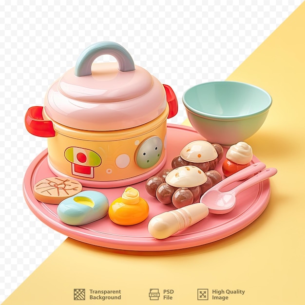 Красочный дисплей еды, включая чайник и миску с печеньем.
