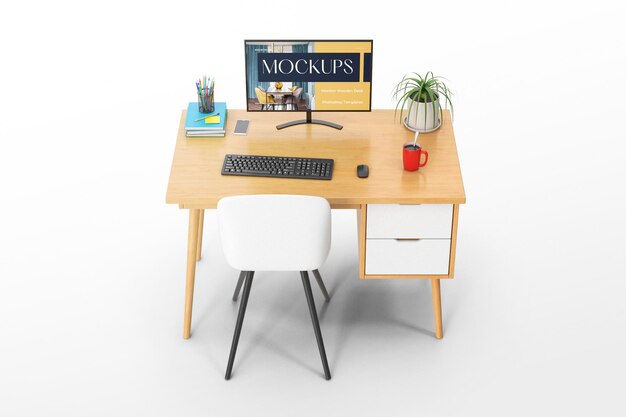 a computer desk with a monitor mockup and a keyboard on it psd