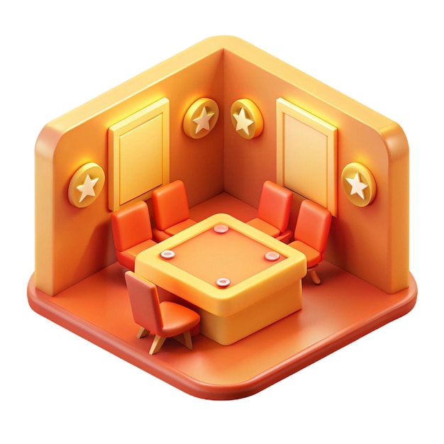a computer desk with chairs and a table with a table with a star on it