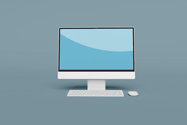 a computer monitor with a blue screen and a white keyboard