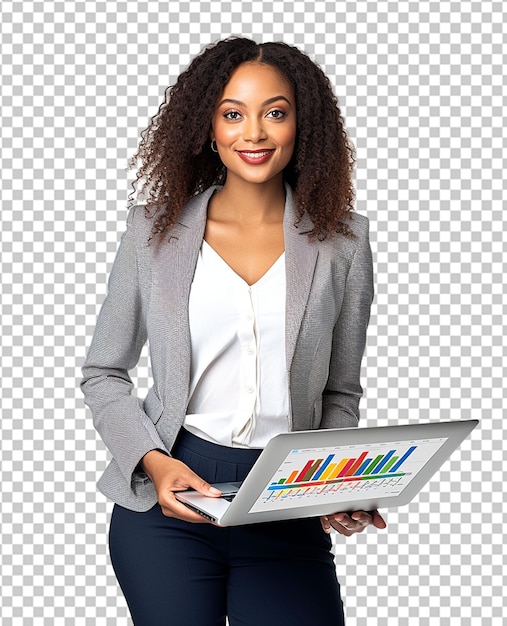 PSD Уверенная в себе афроамериканская бизнес-леди в пошитом костюме с планшетом