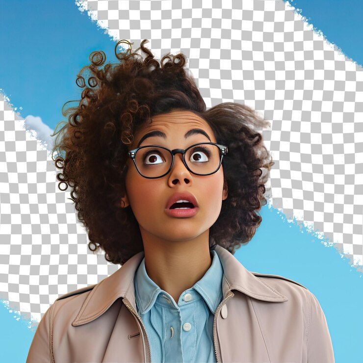 PSD a confused toddle girl with wavy hair from the african ethnicity dressed in reporter attire poses in a eyes looking over glasses style against a pastel sky blue background