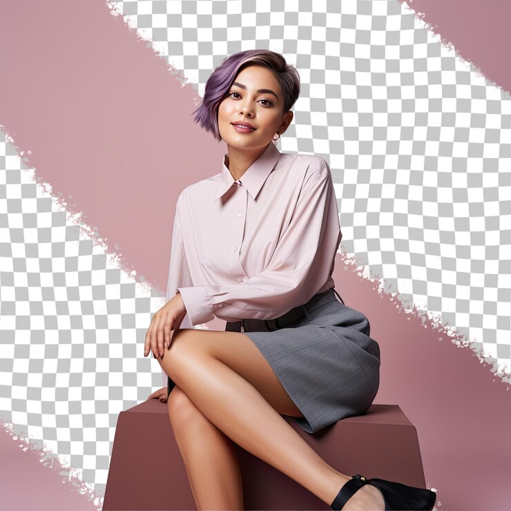 PSD a content young adult woman with short hair from the east asian ethnicity dressed in school counselor attire poses in a sitting with legs stretched out style against a pastel mauve backgrou