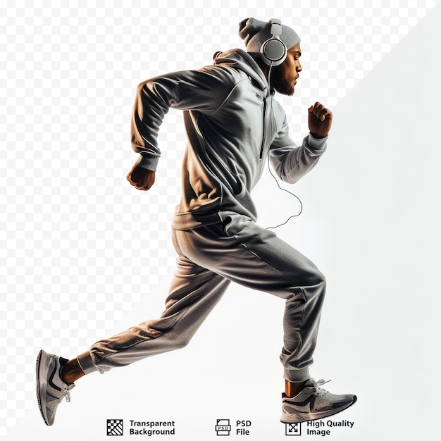 PSD 헤드폰과 스포츠 스니커를 입은 끊임없는 남자가 건강한 라이프 스타일의 개념을 실행하고 있습니다.